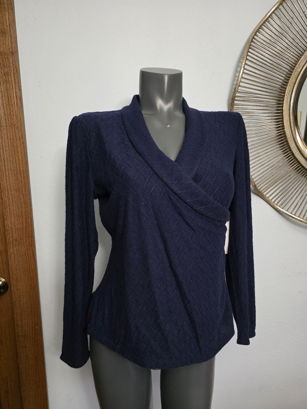 Liz Claiborne Navy Textured Wrap-Front Long Sleeve Top